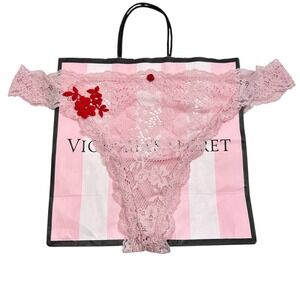 NWT Victoria's Secret Pink Lace Thong Panty Red Floral‎ Applique Size XL